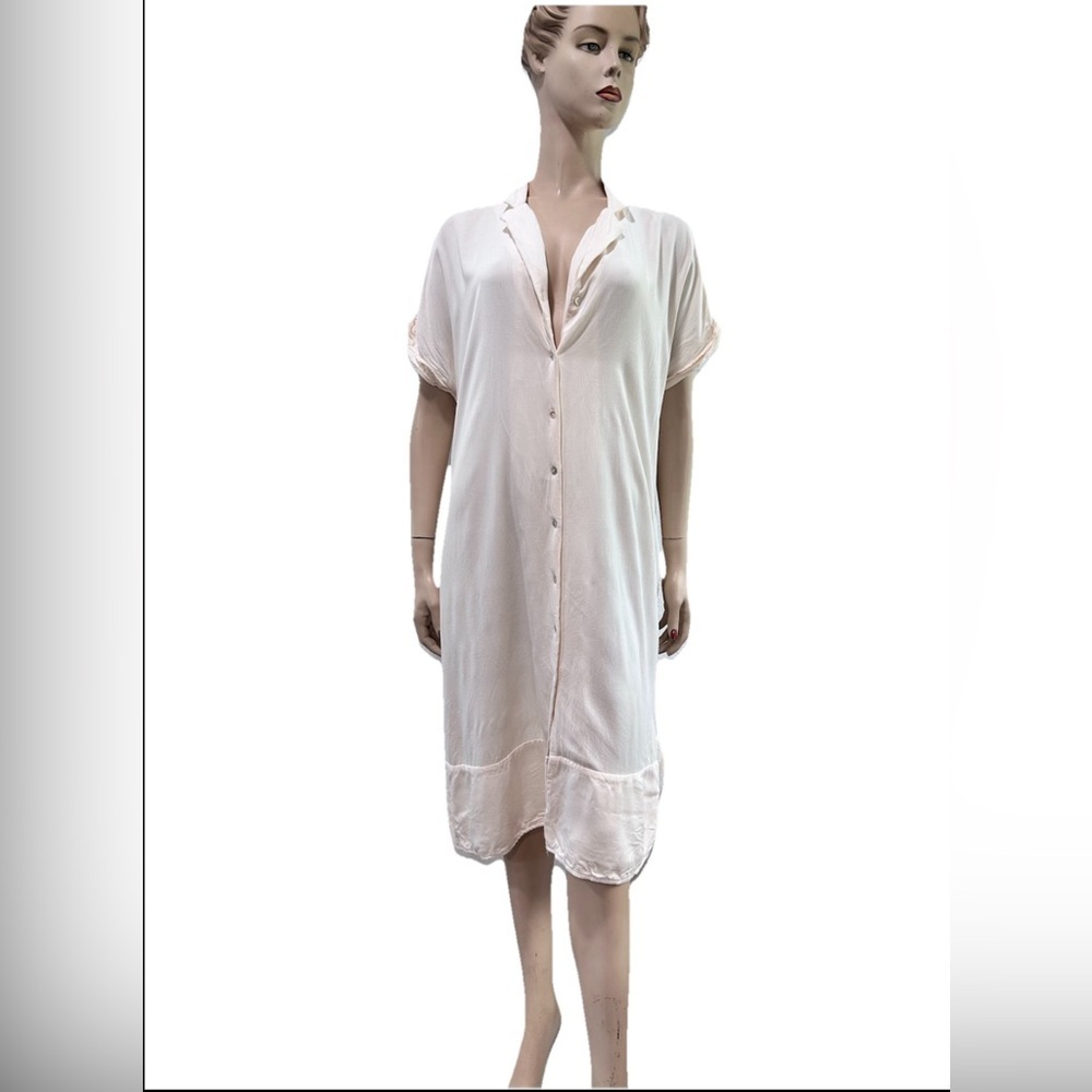 SIMPLE Cream Midi Dress with Short Sleeves and Classic Collar
